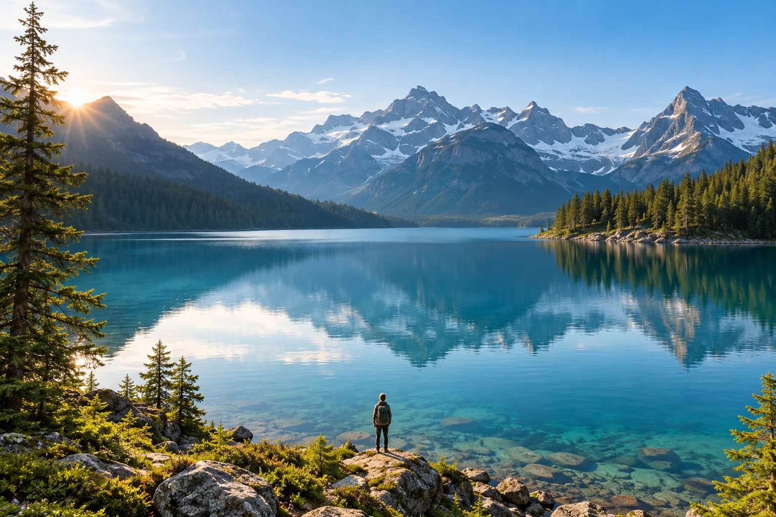 A peaceful mountain lake with a small traveller in the landscape — AI-generated scene illustration