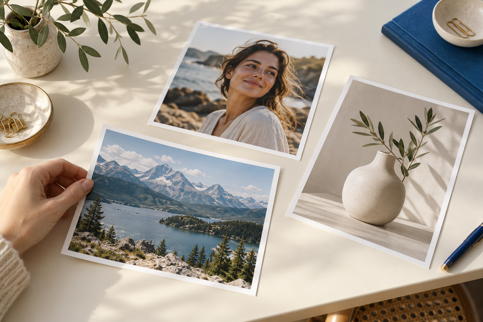 Choosing between travel, portrait and product photographs on a softly lit desk — AI-generated scene illustration