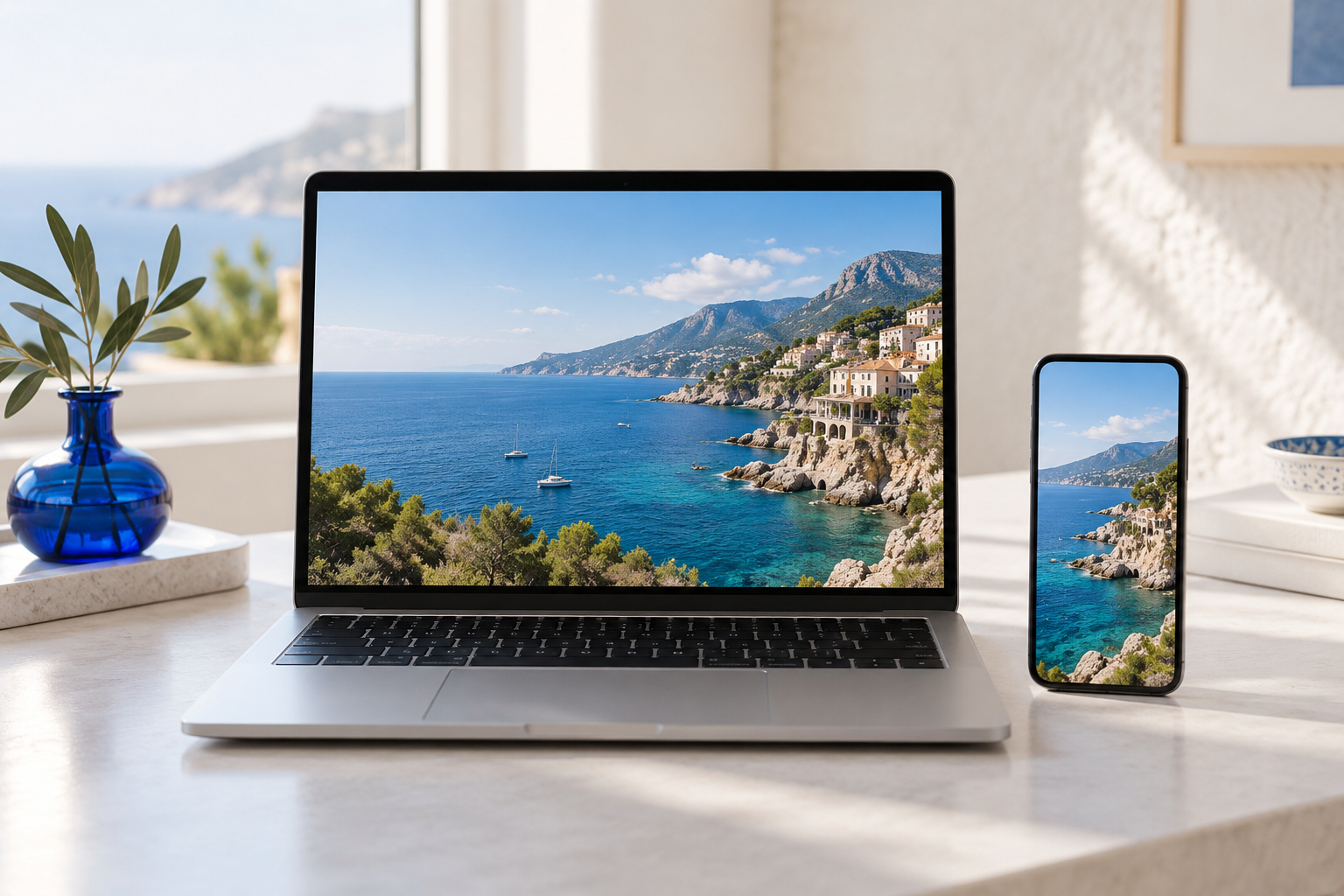 A laptop and phone displaying travel photography in a bright workspace — AI-generated scene illustration