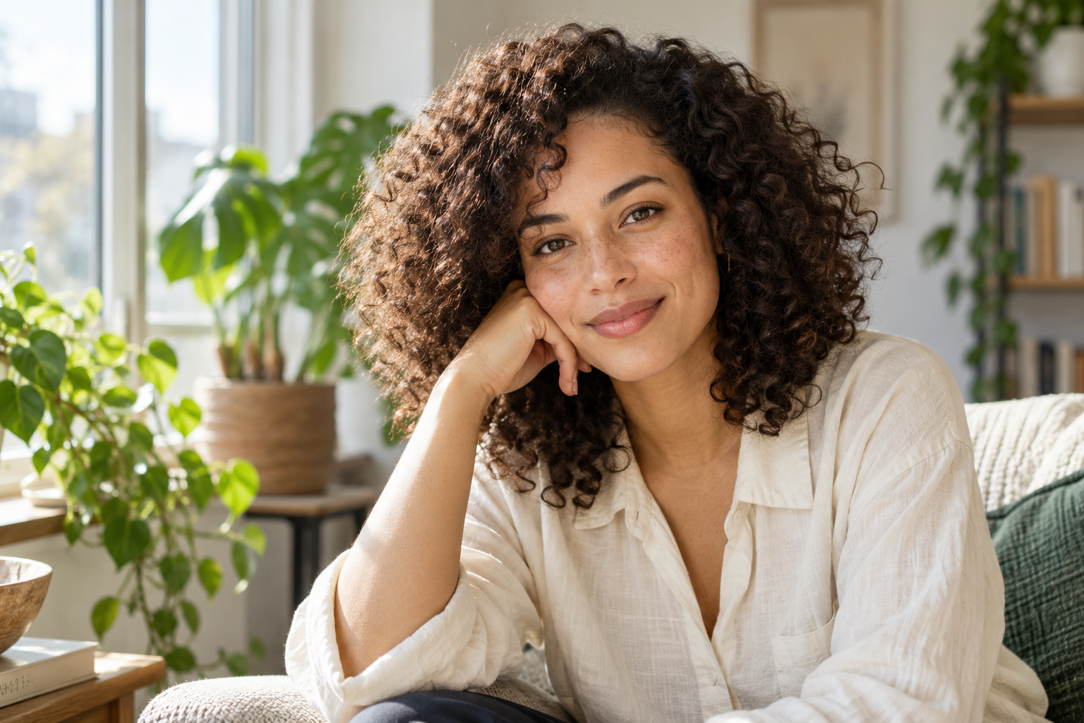 A naturally lit portrait with curly hair and a soft garden background — AI-generated scene illustration