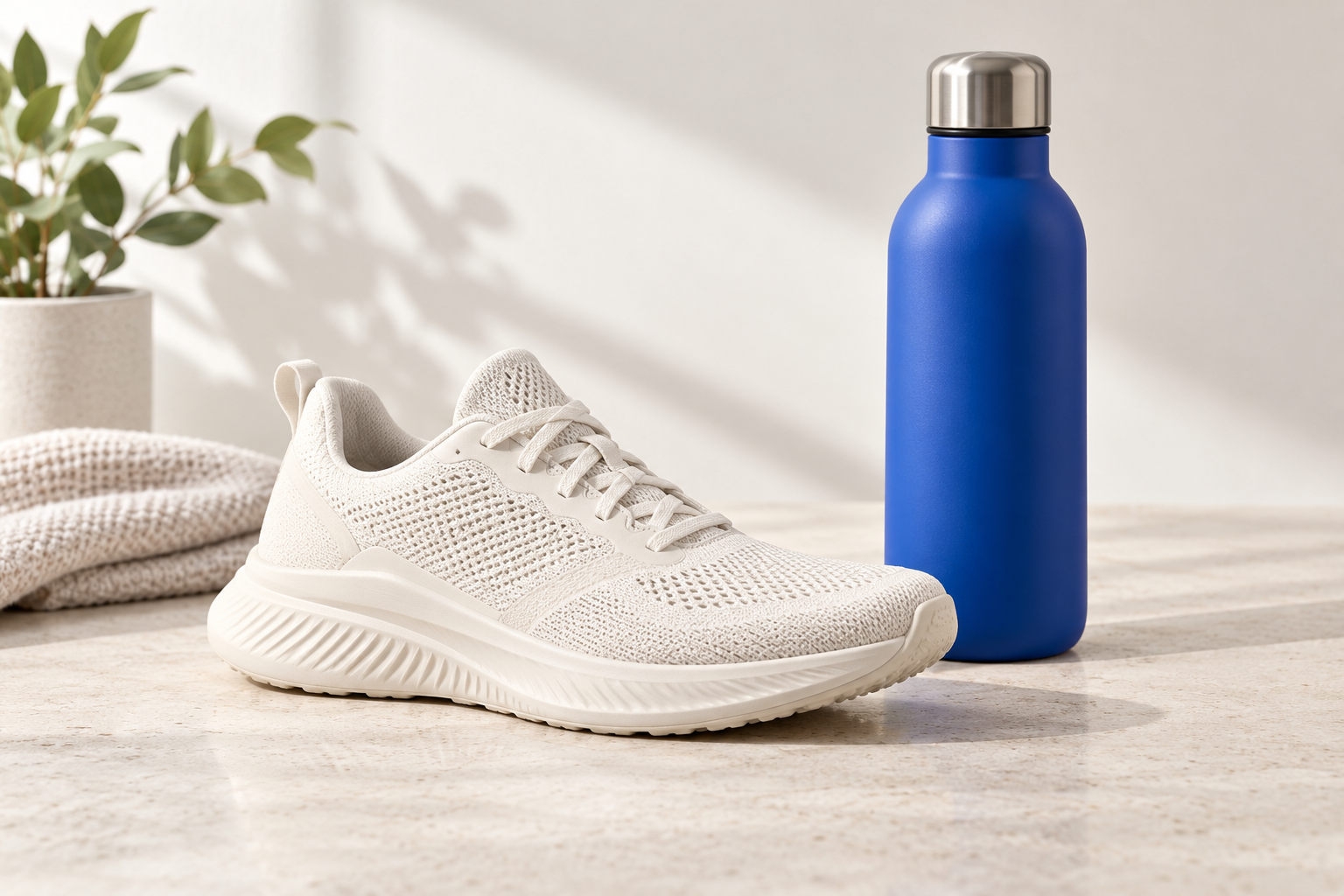 Neutral trainers and a blue bottle arranged for a product photo — AI-generated scene illustration
