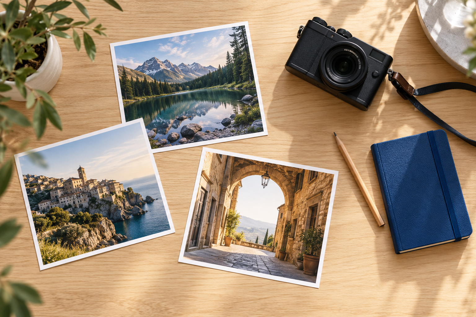 A bright photography workspace with printed photos and a camera — AI-generated scene illustration